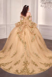 15746 Champagne Gold Off-Shoulder Quinceañera Ball Gown with Bow Back