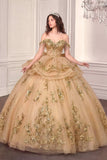 15746 Champagne Gold Off-Shoulder Quinceañera Ball Gown with Bow Back