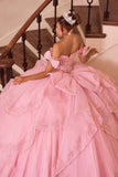 Ladivine 15747 Off The Shoulder Layered Quinceanera Pink Ball Gown