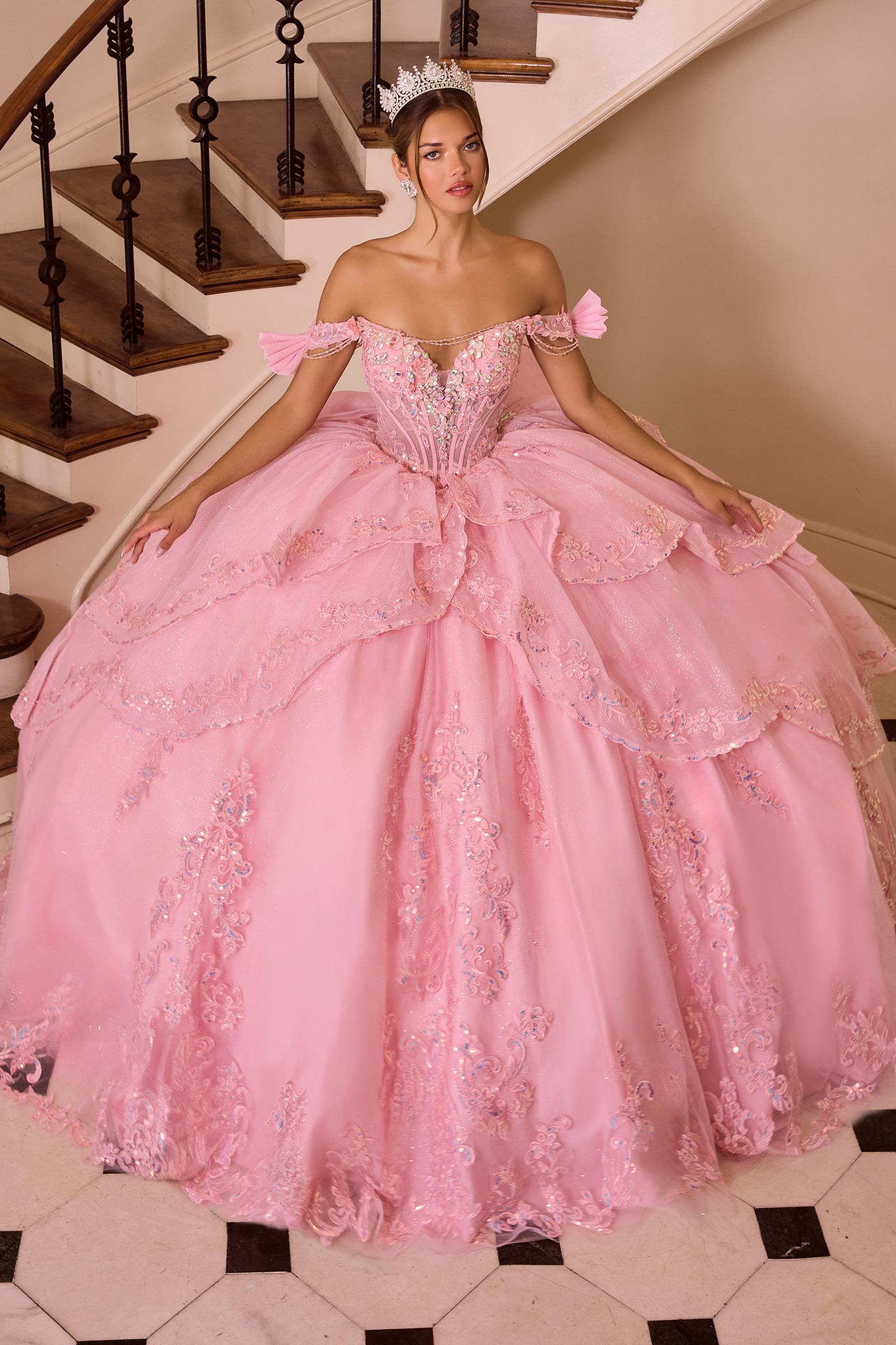 Ladivine 15747 Off The Shoulder Layered Quinceanera Pink Ball Gown