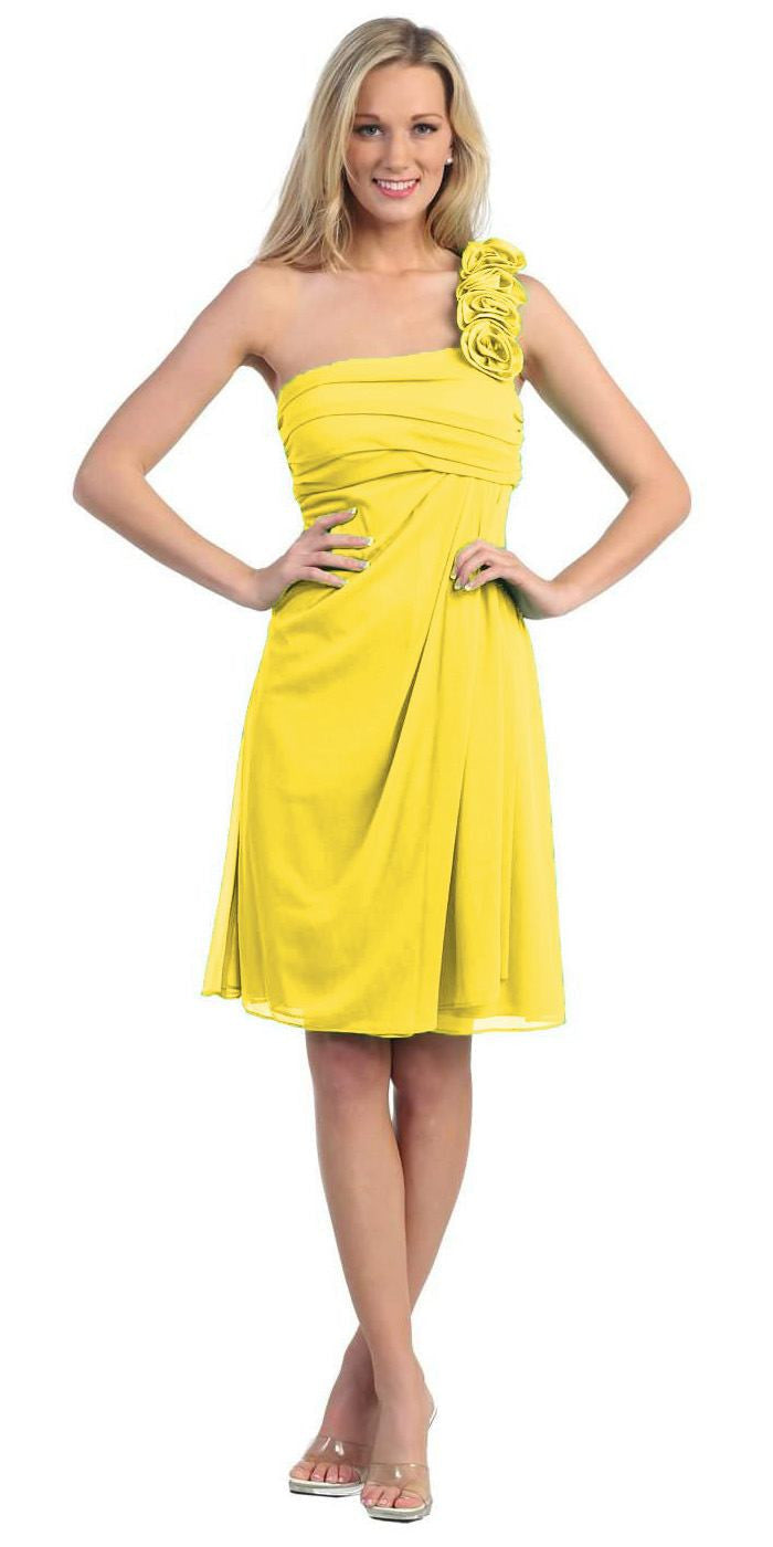 One Shoulder Knee Length Yellow Chiffon Bridesmaid Dress