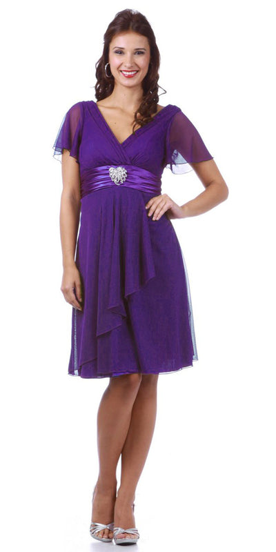 Short Sleeve Aqua Modest Knee Length Dress V Neckline Chiffon