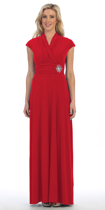 Celavie 2466L Teal Cap Sleeves A-line Long Formal Dress with Brooch 
