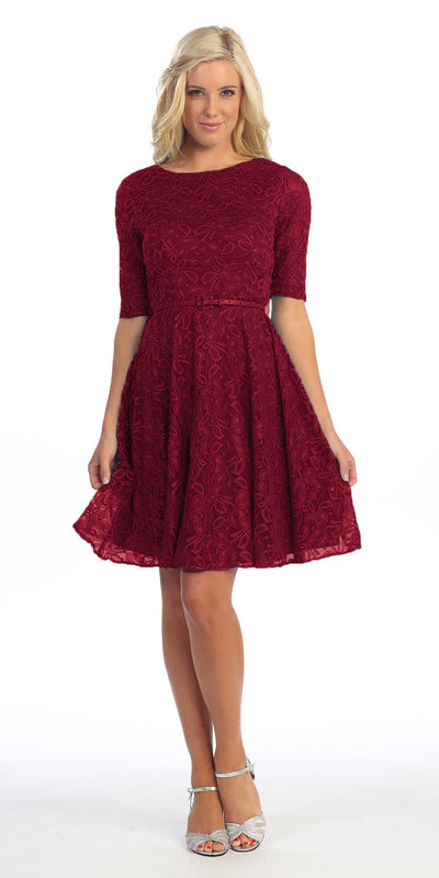 Cute and Casual Emerald Lace Dress Short Removable Belt Mid Sleeves