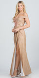 La Scala 25854 Long Off The Shoulder Glittery Jacquard Champagne Gathered Gown With Open Side