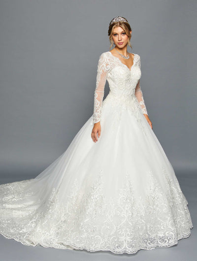 DeKlaire Bridal 457 Scalloped V-Neckline Long Sleeve Wedding Gown