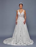 DeKlaire Bridal 501 A-Line Wedding Gown V-Neckline Beaded Lace Embellishment