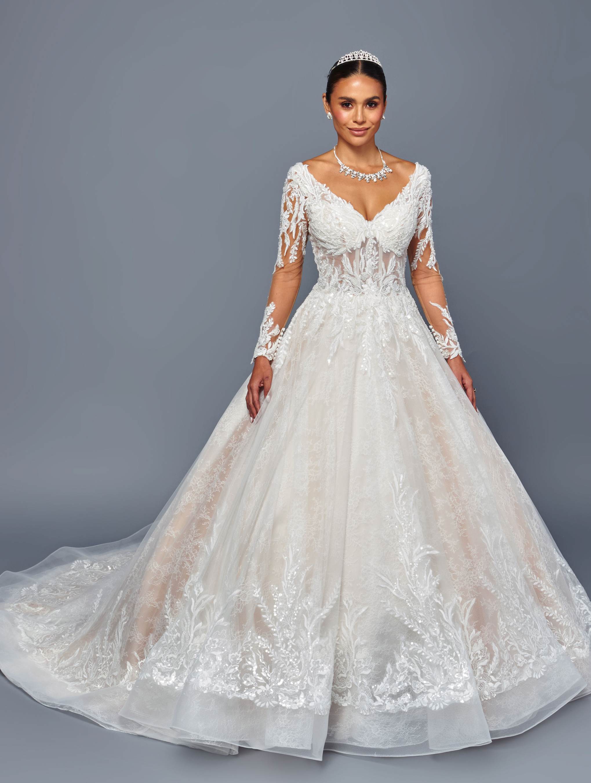 Deklaire Bridal 505 Deep V-Neckline Long Sleeve A-Line Wedding Ball Gown