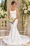 Deklaire Bridal 512 Cowl Neck Stretch Satin Sheath Wedding Dress with Court Train