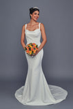 Deklaire Bridal 512 Cowl Neck Stretch Satin Sheath Wedding Dress with Court Train