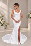 Deklaire Bridal 513 V-Neck Stretch Satin Wedding Dress with Straps, Slit & Court Train