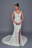 Deklaire Bridal 513 V-Neck Stretch Satin Wedding Dress with Straps, Slit & Court Train