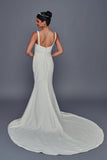 Deklaire Bridal 513 V-Neck Stretch Satin Wedding Dress with Straps, Slit & Court Train