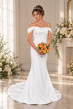 Deklaire Bridal 514 Off-the-Shoulder Stretch Satin Sheath Wedding Dress with Court Train