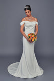 Deklaire Bridal 514 Off-the-Shoulder Stretch Satin Sheath Wedding Dress with Court Train