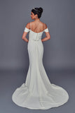 Deklaire Bridal 514 Off-the-Shoulder Stretch Satin Sheath Wedding Dress with Court Train