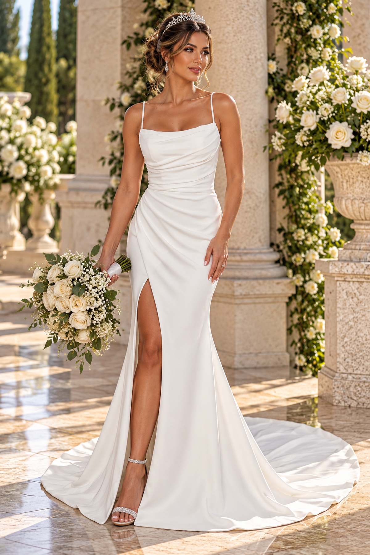 Deklaire Bridal 515 Cowl Neck Spaghetti Strap Wedding Dress with High Slit & Court Train