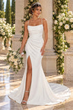 Deklaire Bridal 515 Cowl Neck Spaghetti Strap Wedding Dress with High Slit & Court Train