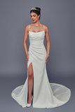 Deklaire Bridal 515 Cowl Neck Spaghetti Strap Wedding Dress with High Slit & Court Train