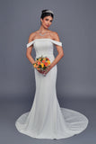 Deklaire Bridal 516 Off-the-Shoulder Stretch Crepe Wedding Dress with Court Train