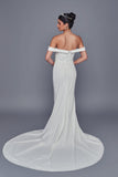 Deklaire Bridal 516 Off-the-Shoulder Stretch Crepe Wedding Dress with Court Train