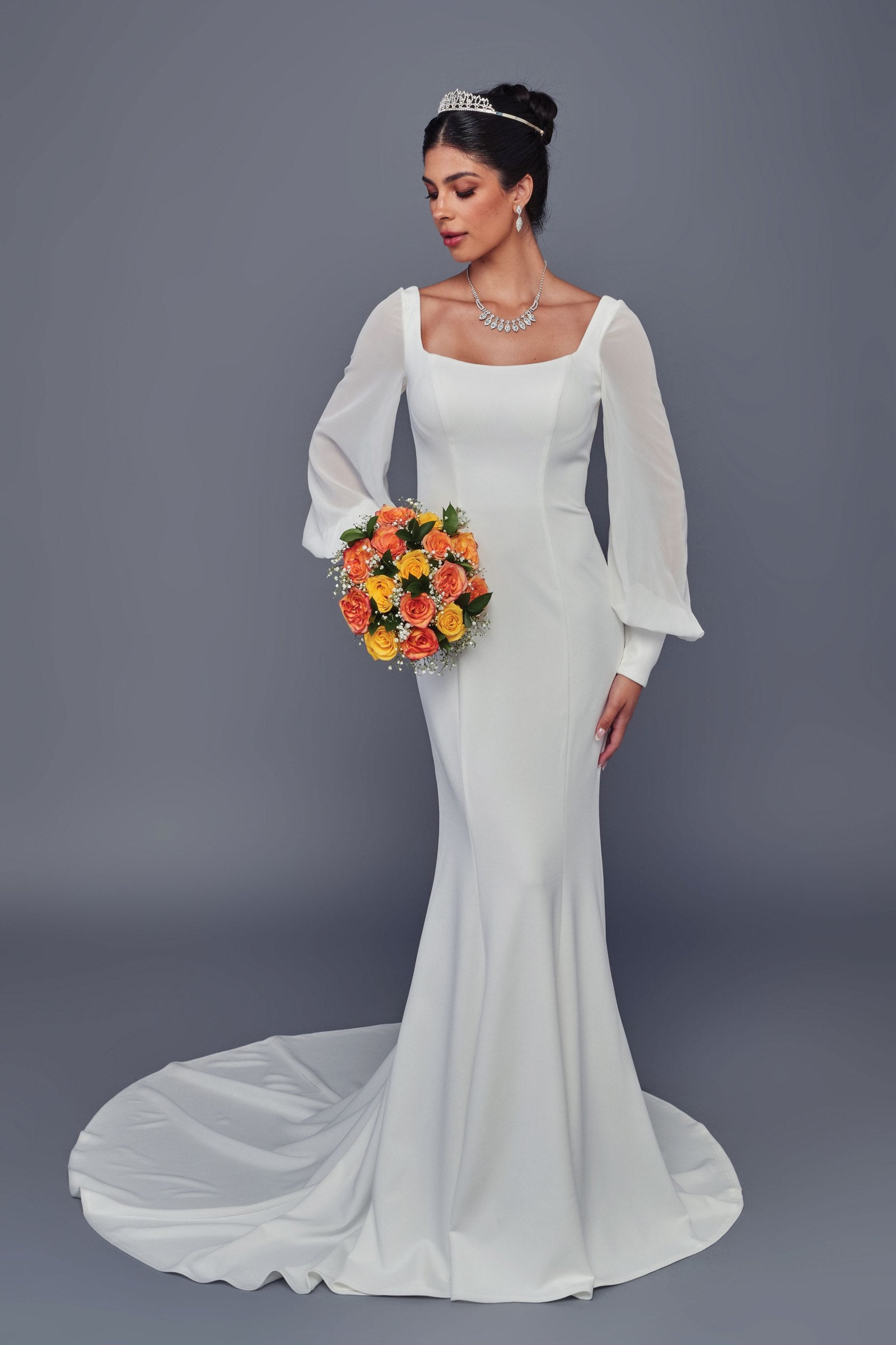 Deklaire Bridal 517 Off-White Square Neck Long Sleeve Mermaid Wedding Dress with Court Train