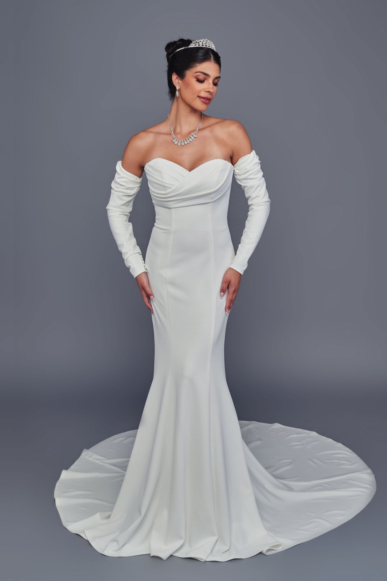 Deklaire Bridal 518 Off-Shoulder Sweetheart Mermaid Wedding Dress with Long Sleeves & Court Train