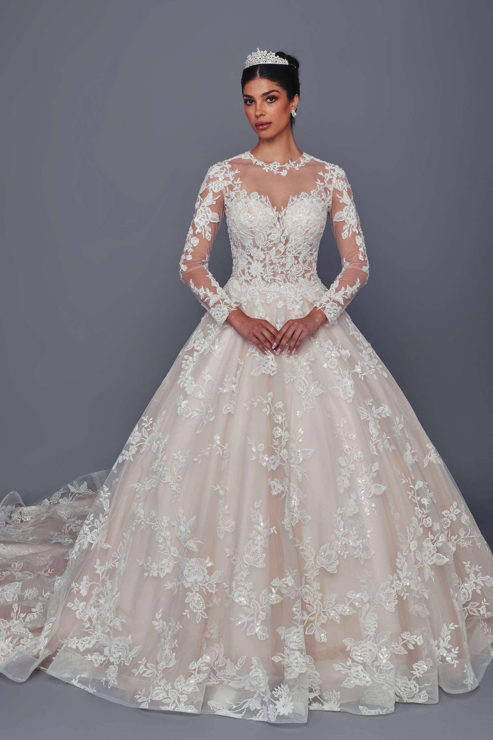 Deklaire Bridal 519 Illusion Long Sleeve Ball Gown Wedding Dress with Beaded Lace Appliqué & Chapel Train