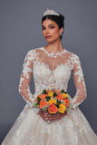 Deklaire Bridal 519 Illusion Long Sleeve Ball Gown Wedding Dress with Beaded Lace Appliqué & Chapel Train