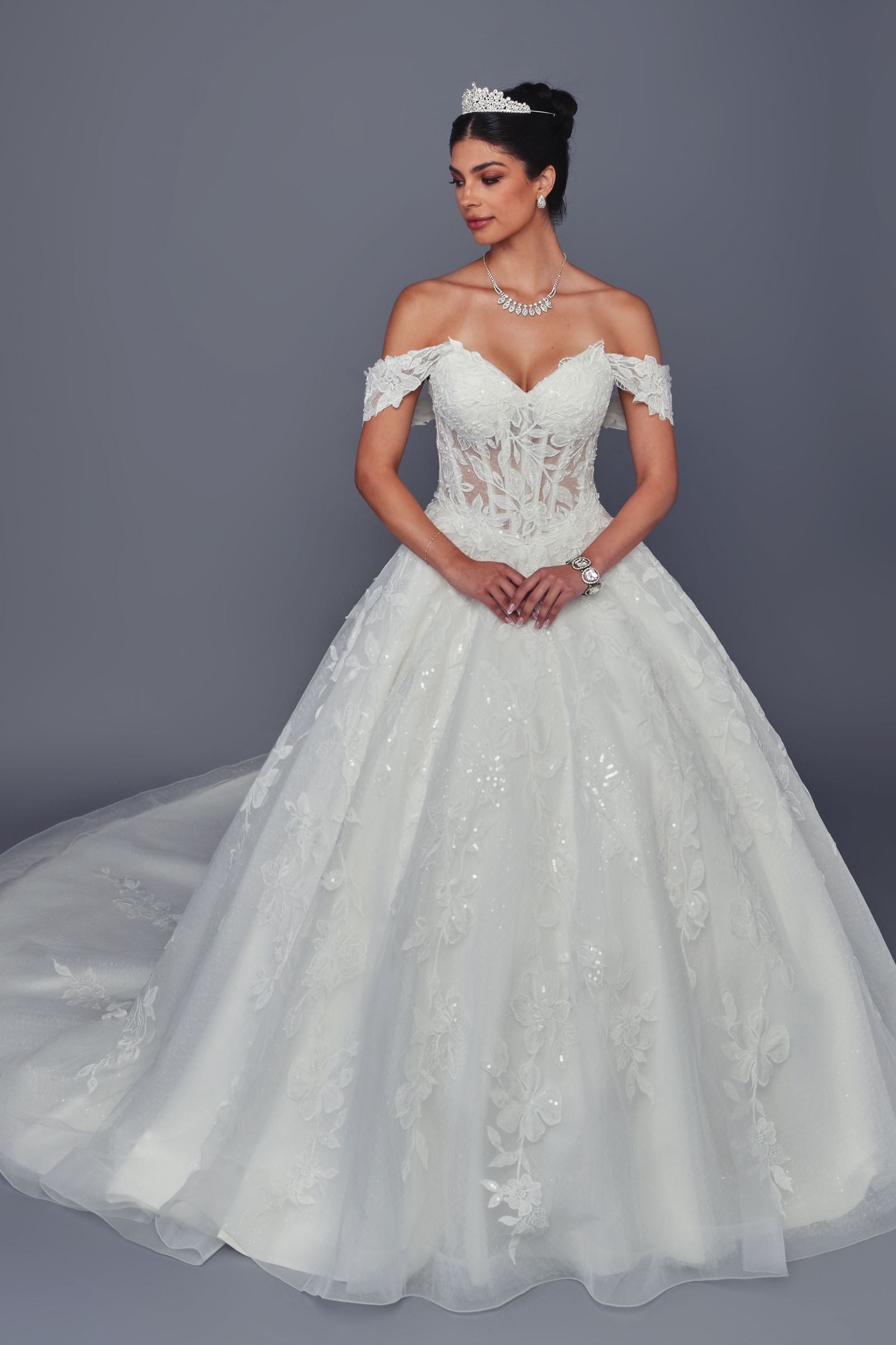 Deklaire Bridal 520 Off-Shoulder Beaded Lace Ball Gown Wedding Dress with Chapel Train