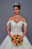 Deklaire Bridal 520 Off-Shoulder Beaded Lace Ball Gown Wedding Dress with Chapel Train