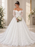 Deklaire Bridal 521 Off-the-Shoulder Long Sleeve 3D Floral Lace Ball Gown Wedding Dress