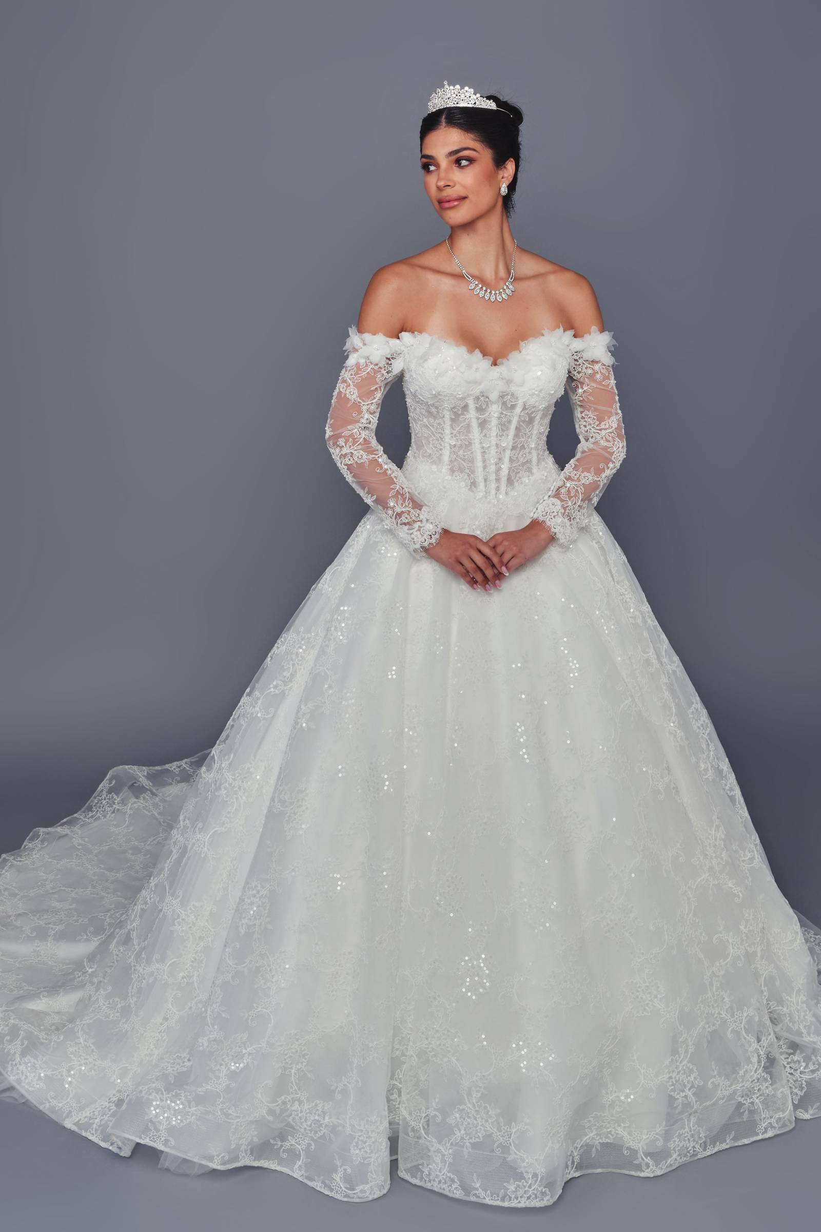 Deklaire Bridal 521 Off-the-Shoulder Long Sleeve 3D Floral Lace Ball Gown Wedding Dress