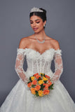 Deklaire Bridal 521 Off-the-Shoulder Long Sleeve 3D Floral Lace Ball Gown Wedding Dress