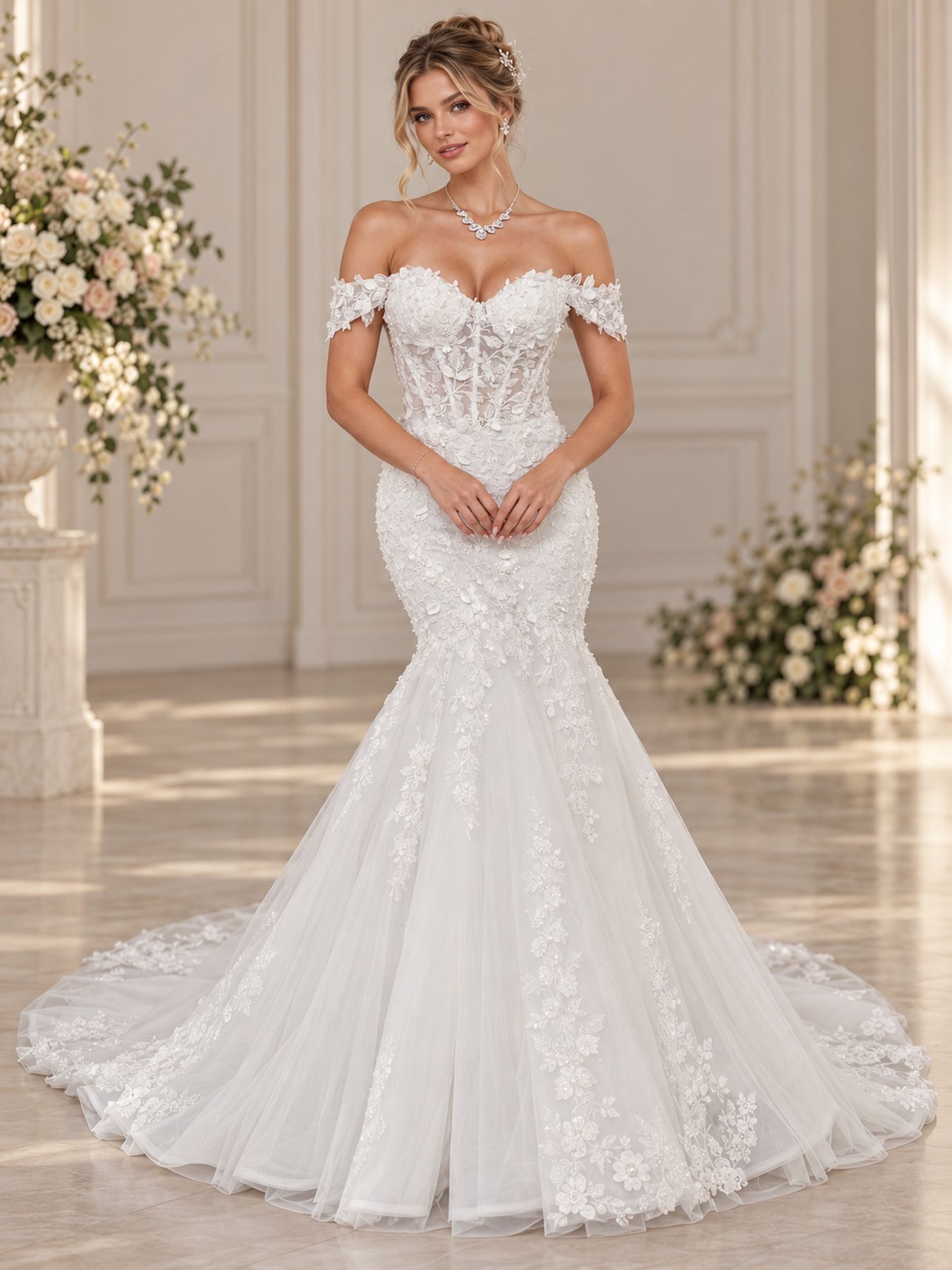 Deklaire Bridal 523 Off-the-Shoulder Mermaid Wedding Dress with 3D Flowers, Pearl Beaded Lace Appliqué & Court Train