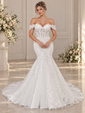 Deklaire Bridal 523 Off-the-Shoulder Mermaid Wedding Dress with 3D Flowers, Pearl Beaded Lace Appliqué & Court Train
