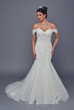 Deklaire Bridal 523 Off-the-Shoulder Mermaid Wedding Dress with 3D Flowers, Pearl Beaded Lace Appliqué & Court Train