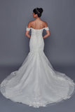 Deklaire Bridal 523 Off-the-Shoulder Mermaid Wedding Dress with 3D Flowers, Pearl Beaded Lace Appliqué & Court Train