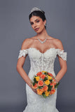 Deklaire Bridal 523 Off-the-Shoulder Mermaid Wedding Dress with 3D Flowers, Pearl Beaded Lace Appliqué & Court Train