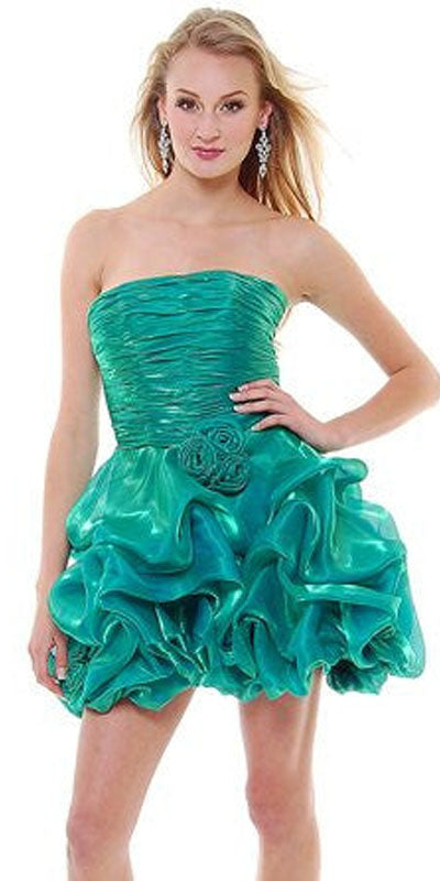 Green Metallic Chiffon Prom Dress Bubble Rose Short Strapless Ruched