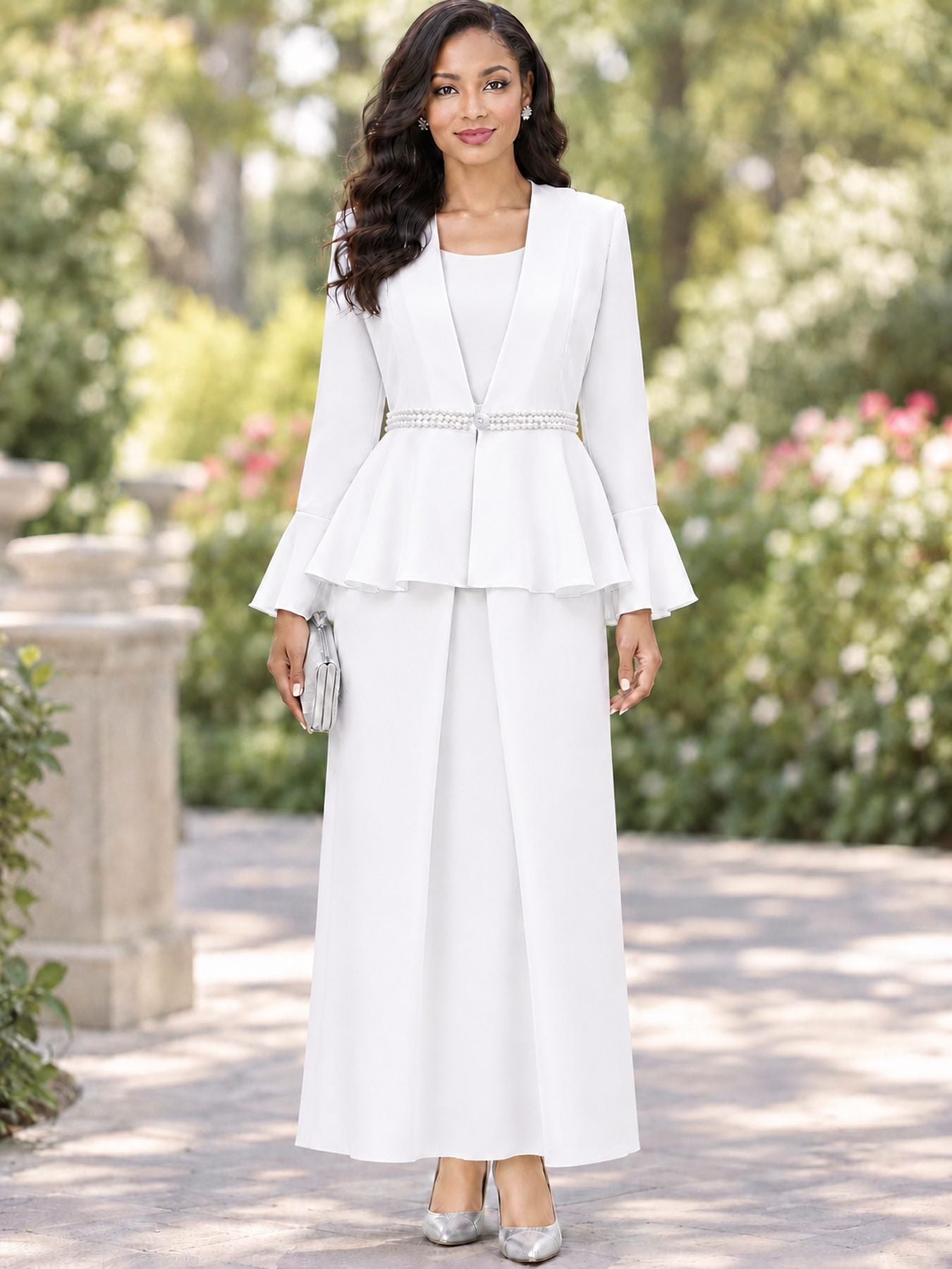 Hosanna 5623 3-Piece Dress Set with Peplum Jacket, Rhinestone Waist Detail & Long Skirt