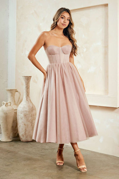Amelia Couture 6203s Strapless Corset Boning Tea Length Dress