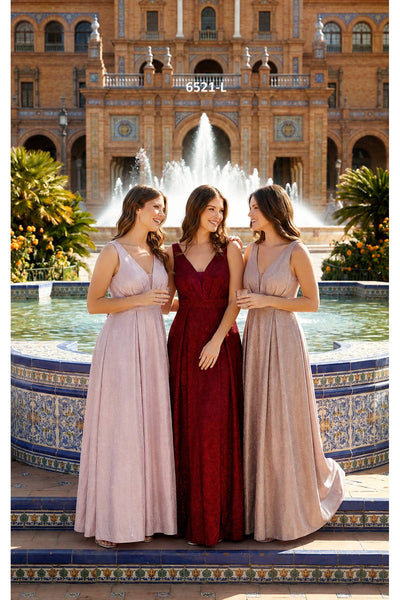 Celavie 6521-L Long V-Neck Sleeveless A-Line Glitter Dress