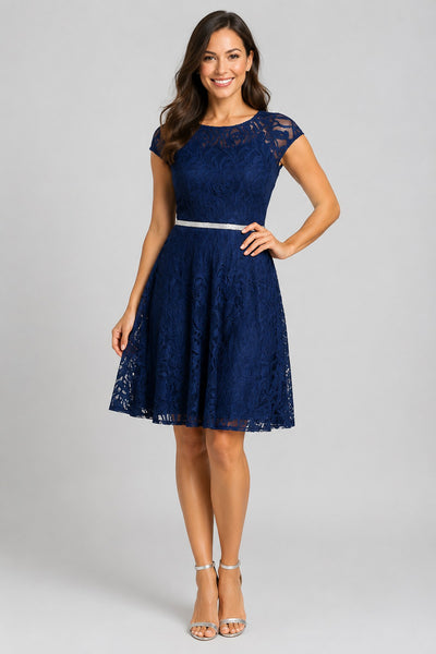 Celavie 6529s Short A-Line Lace Dress Cap Sleeves