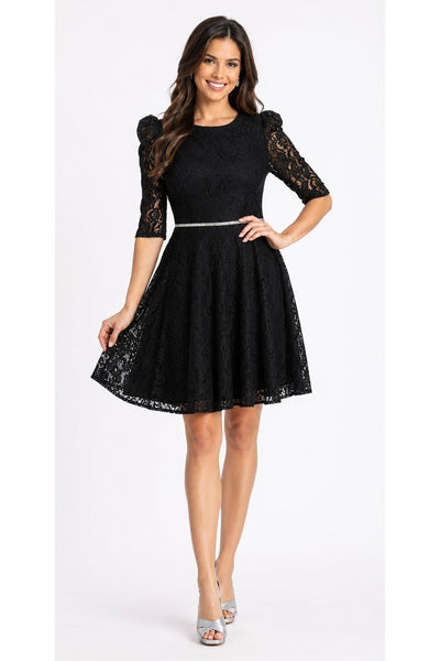 Celavie 6530-S Short A-Line Lace Dress with Mid-Length Sleeves