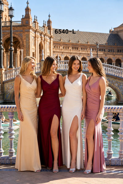 Celavie 6540-L Long Column Gown Ruched Bodice with Slit
