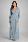 Celavie 6549-L Lace Long Sleeve V-Neck Ruffled Dress with Brooch