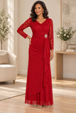 Celavie 6549-L Lace Long Sleeve V-Neck Ruffled Dress with Brooch