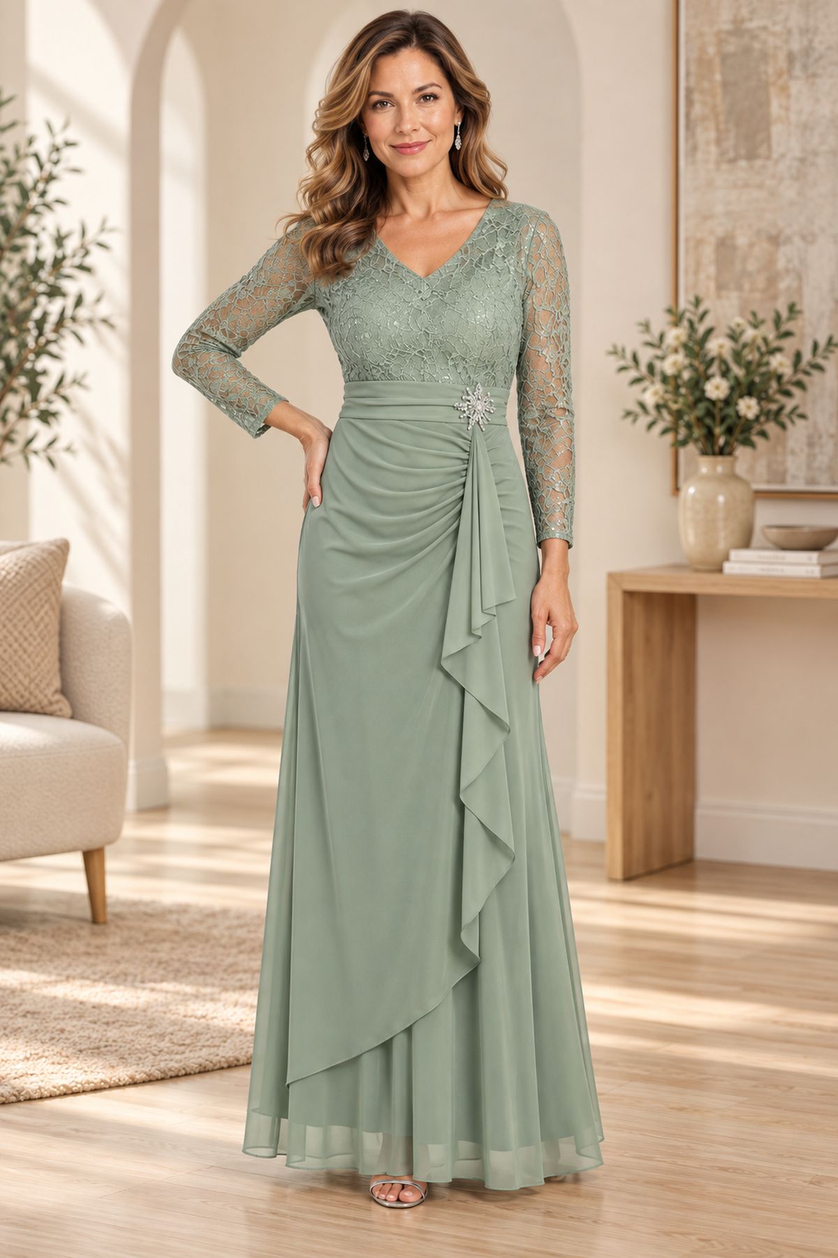 Celavie 6549-L Lace Long Sleeve V-Neck Ruffled Dress with Brooch