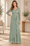 Celavie 6549-L Lace Long Sleeve V-Neck Ruffled Dress with Brooch